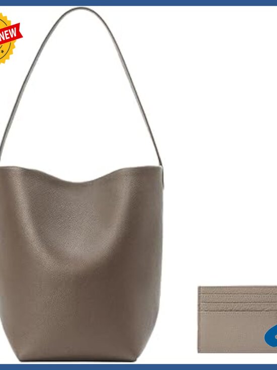 Handbags - Genuine Leather Bucket Tote Bag with Credit Card Holder Wallet, Medium Size